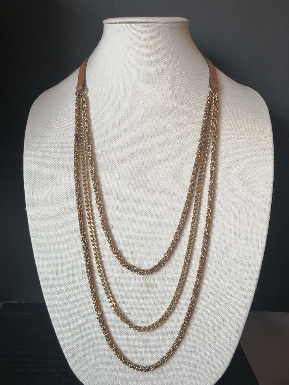 Multi-strand Btonze Tone Chain Faux Leather Strap Necklace